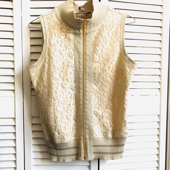 Thomo Ivory Sleeveless Full Zip Up Lace Half Lined Outerwear Vest Jacket Sz S - Picture 7 of 7